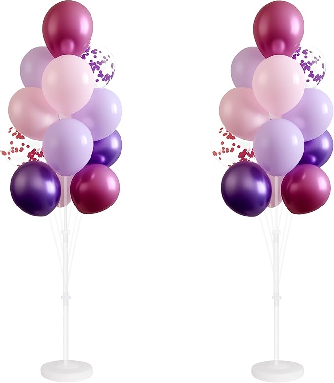 Balloon Column Stand Kit,Set of 2,Metallic&Confetti 12inch Pink Purple Balloons,Adjustable Balloon Sticks Holder with Base,Design for Adults&Children Birthday,Wedding, Baby Shower,Graduation Party