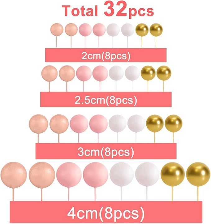ASTARON 32 Pcs Ball Cake Topper Decorations Mini Balloons Cake Topper Sticks Foam Balls Cake Picks Cake Topper Balls Cake Decorations for Wedding Party Birthday Cake Decorations (Rose gold，Pink)