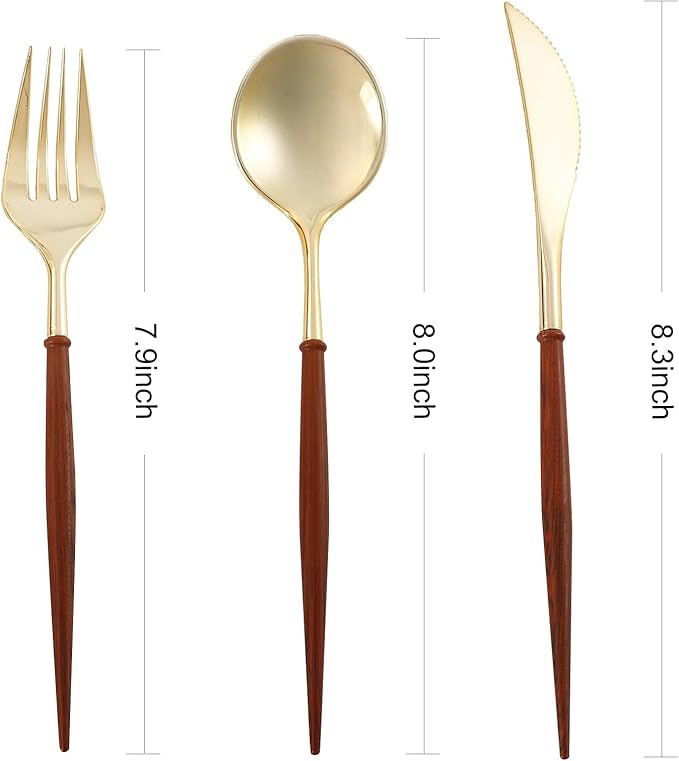 N9R 90Pcs Gold Plastic Silverware Heavy Duty, Elegant Disposable Plastic Silverware with Wood Grain Handle, Gold Plastic Cutlery Set Include 30 Forks, 30 Spoons, 30 Knives Perfect for Wedding, Party