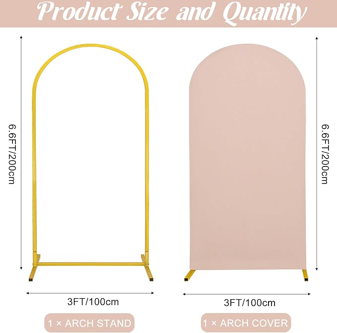 Metal Arch Stand and Cover Set,1 Nude Spandex Fitted Backdrop with 1 Gold Wedding Arched Stand Frame for Parties Birthday Baby Shower Bridal Banquet Decoration (6.6FT)