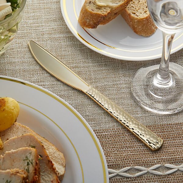 Hammered Gold Plastic Knife, 7.5 Inch, Heavy Weight, Disposable Flatware for Weddings and Parties, 25 Pack