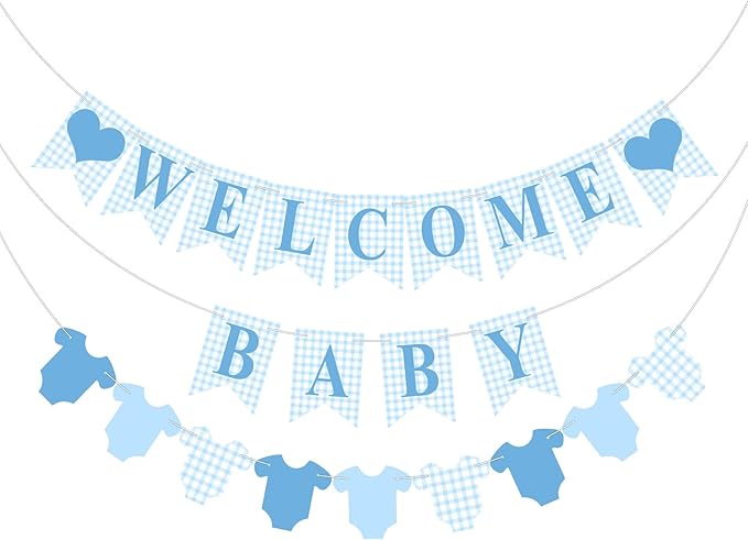 1 Pcs Blue Gingham Welcome Baby Banner for Party Decorations Blue Pre Strung Baby Shower Gender Reveal Paper Banner for Table, Wall or Mantel Display Party Decor Supplies