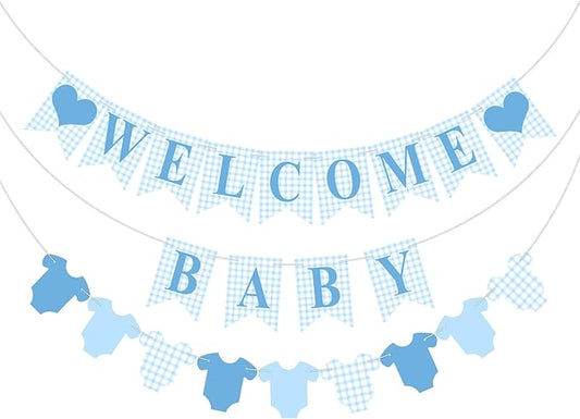 1 Pcs Blue Gingham Welcome Baby Banner for Party Decorations Blue Pre Strung Baby Shower Gender Reveal Paper Banner for Table, Wall or Mantel Display Party Decor Supplies