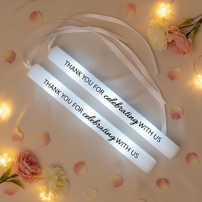 50 Pack White LED Party Foam Light Sticks Batons with Triple Ribbon Wedding Thank You Celebrating Wands 3 Color Lighting Modes for Guests Send Off, Christmas, Festivals, Birthday Party