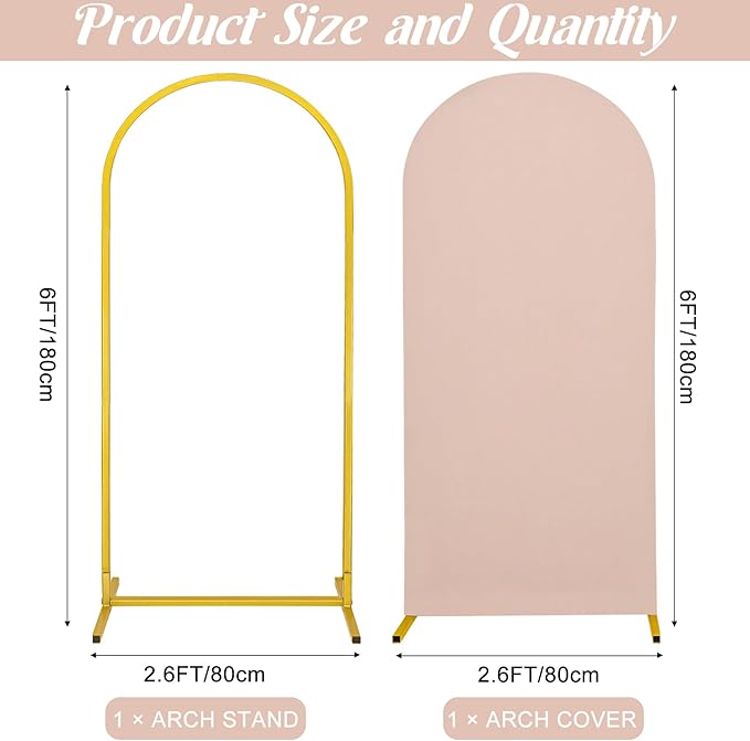 Metal Arch Stand and Cover Set,1 Nude Spandex Fitted Backdrop with 1 Gold Wedding Arched Stand Frame for Parties Birthday Baby Shower Bridal Banquet Decoration (6FT)
