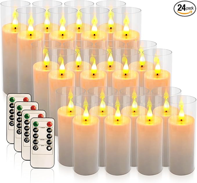 24-Pack Premium Flameless LED Candles - Elegant White & Clear Acrylic Pillar Design with Realistic Flickering Flame, Remote Control & Timer for Weddings, Christmas, Halloween & Home Decor