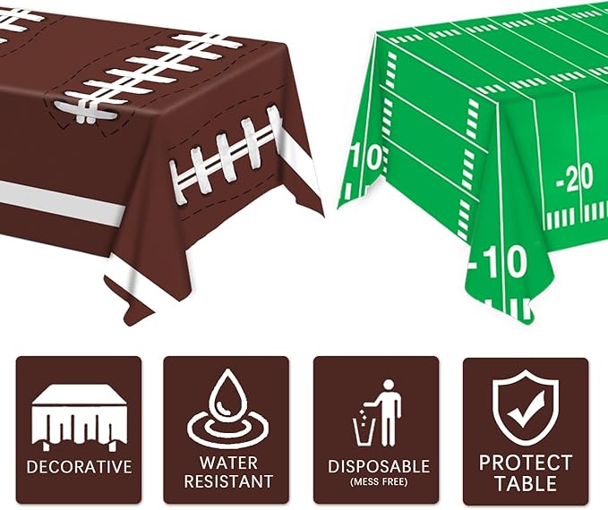 Oigco Football Party Decorations Tablecloth Disposable Plastic Touchdown Table Cover Perfect for Football Birthday Party Decorations and Gameday Tailgate Decorations 54 X 108Inch, 2 Pack