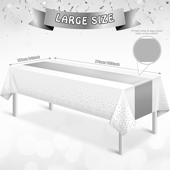 MASHAN 12Pcs White Silver Tablecloth Party Decorations,Plastic White Table Cloth Printed Silver Runner Disposable Rectangle Table Cover for Birthday Wedding Anniversary Graduation Party,54 x108 Inch