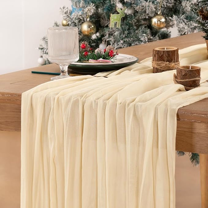 MLMC Beige Cream Cheesecloth Table Runner Extra Long 13.3ft Rustic Boho Cheese Cloth Table Runner Winter Decor 35 x 160 inches for Events Home Decor