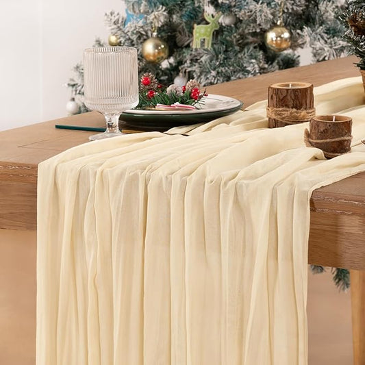 MLMC Beige Cream Cheesecloth Table Runner Extra Long 13.3ft Rustic Boho Cheese Cloth Table Runner Winter Decor 35 x 160 inches for Events Home Decor