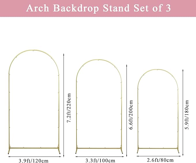Wedding Arch Backdrop Stand Set of 3, (6, 6.6, 7.2) Metal Arch Backdrop Stand with Wedding Arch Cover, Wedding Balloon Arch Backdrop Stand for Birthday, Baby Shower, Anniversary