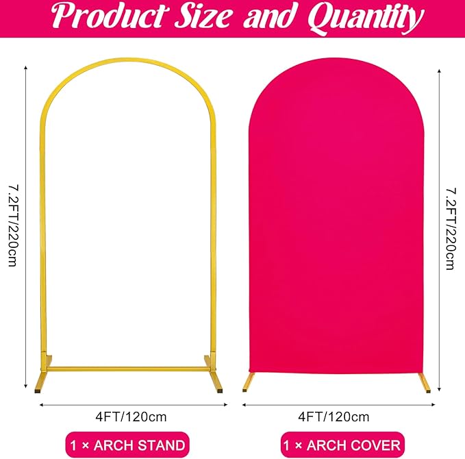Metal Arch Stand and Cover Set,1 Fushia Spandex Fitted Backdrop with 1 Gold Wedding Arched Stand Frame for Parties Birthday Baby Shower Bridal Banquet Decoration (7.2FT)