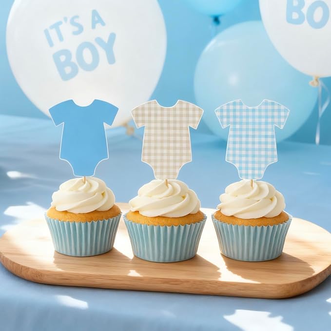 ALISSAR 36 Pcs Blue Gingham Cupcake Toppers - Baby Shower Decorations for Boys, Bodysuit & Cupcake Toppers, Diaper Cake Decor, Gender Reveal Party Supplies