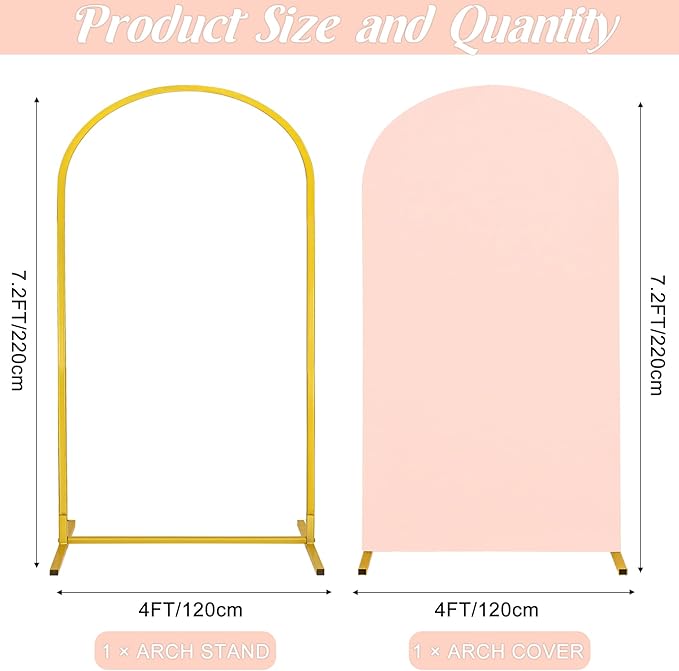 Metal Arch Stand and Cover Set,1 Light Pink Spandex Fitted Backdrop with 1 Gold Wedding Arched Stand Frame for Parties Birthday Baby Shower Bridal Banquet Decoration (7.2FT)