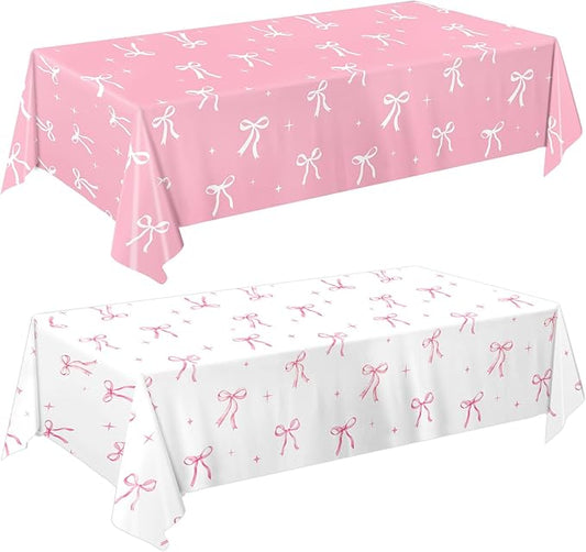 Oigco 2 Pcs Pink Bow Tablecloth, Coquette Birthday Decorations, Bow Plastic Table Cover for Girls Bridal Wedding Pink Bow Birthday Decorations, 54x108 Inch