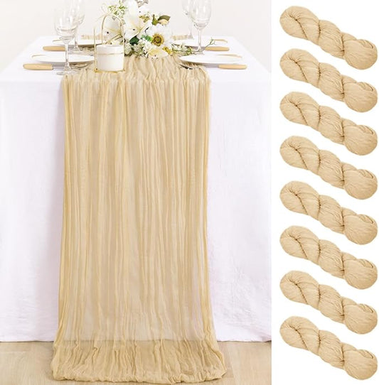 MLMC 8 Pack Champagne Table Runner 10ft Rustic Sand Cheesecloth Table Runner Bulk 35x120 Inches Neutral Gauze Cheese Cloth Centerpiece for Outdoor Wedding Bridal Shower Gathering Party Decor