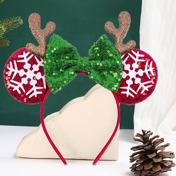 1 Pack Christmas Snowflake Headbands Mouse Ears Hairband Elk Antler Hair Hoop Green Red Glitter Sequins Bow Headband Hair Ornament for Christmas Cosplay Princess Dress Up Party Hair Accessories