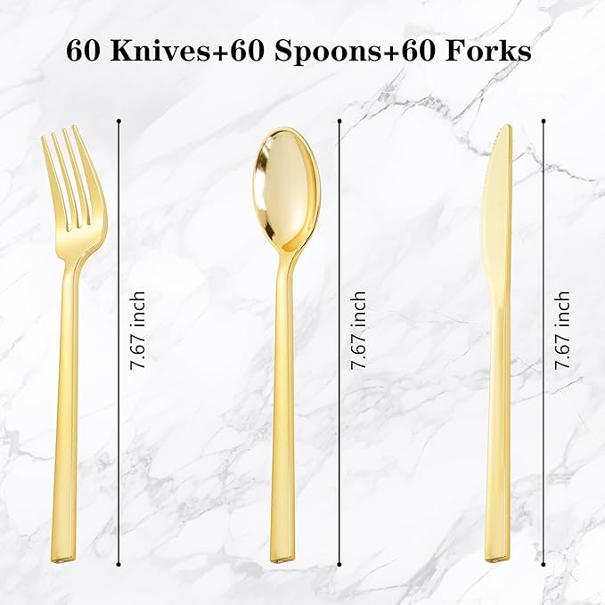 Rubtlamp 180 Pcs Gold Plastic Silverware - Disposable Plastic Utensils - Heavy Duty Plastic Forks And Spoons - Gold Plastic Cutlery Set Include 60 Forks, 60 Knives And 60 Spoons for Christmas Party