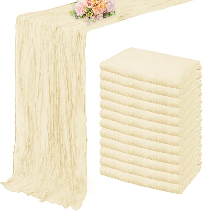 10FT 12 Pack Beige Cheesecloth Table Runner 20 x 120 Inch Long Rustic Gauze Fabric Cheese Cloth Table Runner for Wedding Bridal Baby Shower Table Decorations Boho Sheer Birthday Party Table Decor