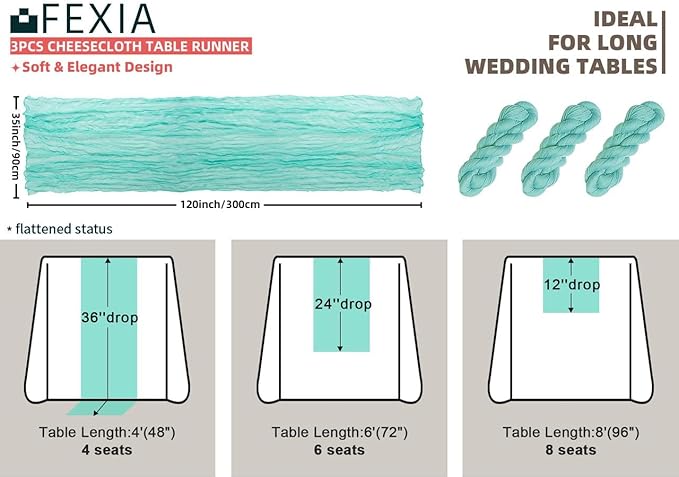 FEXIA 3 Pack Sky Blue Table Runner 35x120 Inches for Baby Shower Decoration Gauze Rustic Table Runner for Wedding Party First Communion Centerpiece Engagement Bridal Shower Boho Decoration