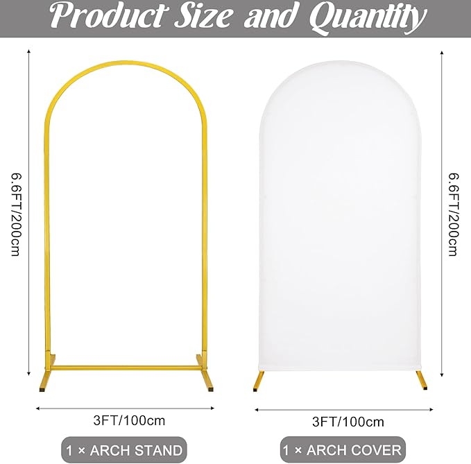Metal Arch Stand and Cover Set,1 White Spandex Fitted Backdrop with 1 Gold Wedding Arched Stand Frame for Parties Birthday Baby Shower Bridal Banquet Decoration (6.6FT)