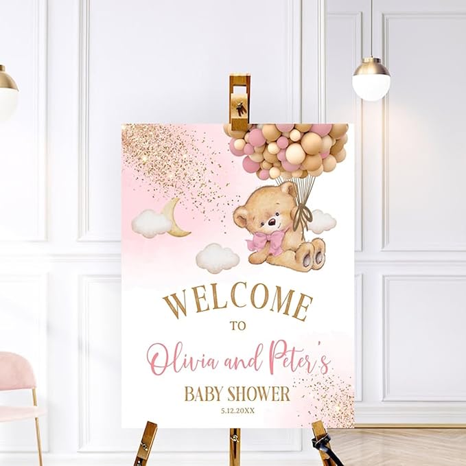 Bear Pink Gold Welcome Baby Shower Sign, Bear Yard Sign, Clouds Bear Bear Sign Pink Gold Decorations Welcome Sign #14