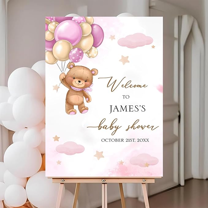 Balloons Bear Baby Shower Sign, Baby Shower Poster Sign, Baby Shower Welcome Sign With Stand, Baby Banner For Baby Shower, Baby Shower Backdrop For Girl