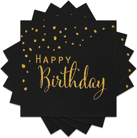 DYLIVeS Happy Birthday Napkins, Black and Gold Foil Dots Napkins Disposable Paper Napkins for Dinner Picnic Cocktail Birthday Party Supplies Decorations for Boy Man, 6.5 x 6.5 Inch (Pack of 50)