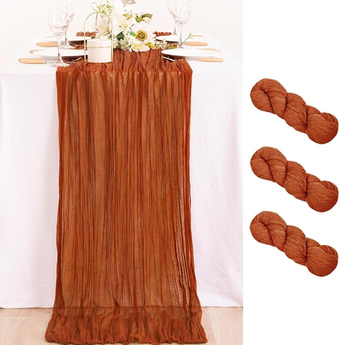 MLMC 3 Pack Terracotta Table Runner 10ft Rustic Burnt Orange Cheesecloth Table Runner 35 x 120 inches Boho Cheese Cloth Centerpiece for Wedding Bridal Shower Pinic Thanksgiving Decor