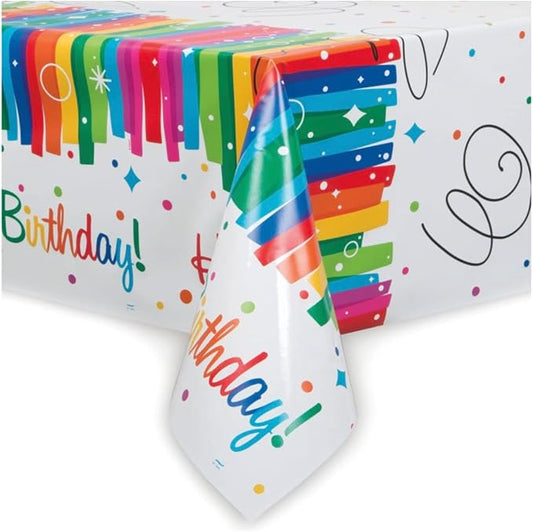 Multicolor Rainbow Ribbons Birthday Plastic Rectangular Table Cover (54" x 84"), Chic Design & Reusable - Perfect For Parties & Celebrations, Pack Of 1