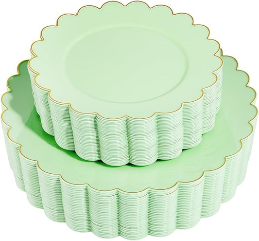 LIYH 60 Pcs Light Green Plastic Plates with Gold Edges, Disposable Sage Green and Gold Plastic Plates Includes: 30 Dinner Plate 10.25 Inch and 30 Dessert Plate 7.5 Inch