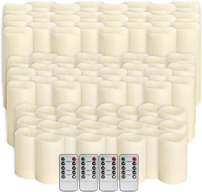 144-Pack LED Flameless Flickering Candles with Remote Control and 2/4/6/8 H Timer Led Pillar Candles of Wedding, Table, Halloween,Christmas Decorations and Special Occasions (Three Sizes)