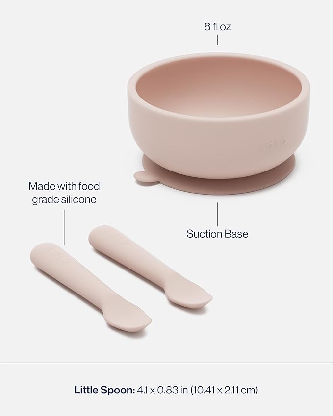 Lalo First Bites Starting Solids Silicone Baby Feeding Set with Suction Bowl, 2 Spoons and 1 Bib - 4-Piece Baby-Led Weaning Supplies - Non-Toxic Silicone Infant Tableware - Grapefruit