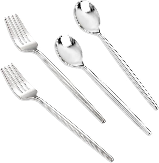 SUT 100Pcs Silver Plastic Silverware - Plastic Spoons and Forks, Disposable Silverware, Plastic Cutlery Set,50 Gold Plastic Forks, 50 Gold Plastic Spoons for Catering, Parties, Dinners, Weddings