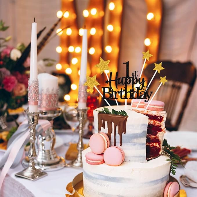 Glittery 1st Happy Birthday Cake Topper with Star,Personalised 1 Birthday Cake Toppers Party Decorations Party Supplies for Baby Boys Girls Black Gold
