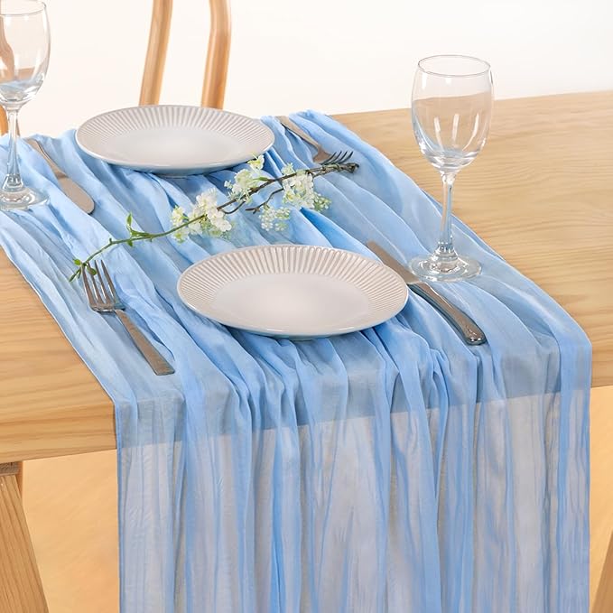 MLMC 8 Pack Baby Blue Table Runner Light Blue Cheesecloth Table Runner 10ft Rustic Gauze Blue Cheese Cloth Baby Shower Decor 35x120 Inches for Gender Reveal Birthday Wedding Party Decor
