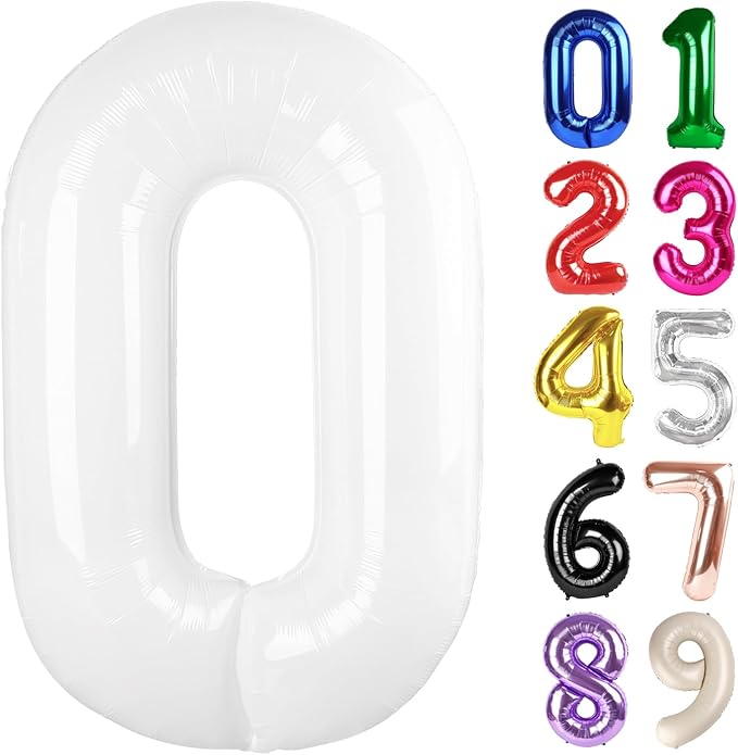 0 Balloon - White Birthday Number Balloons, 40 Inch Large Foil Balloons for Men Women Boys Girls White Themed Birthday Decorations