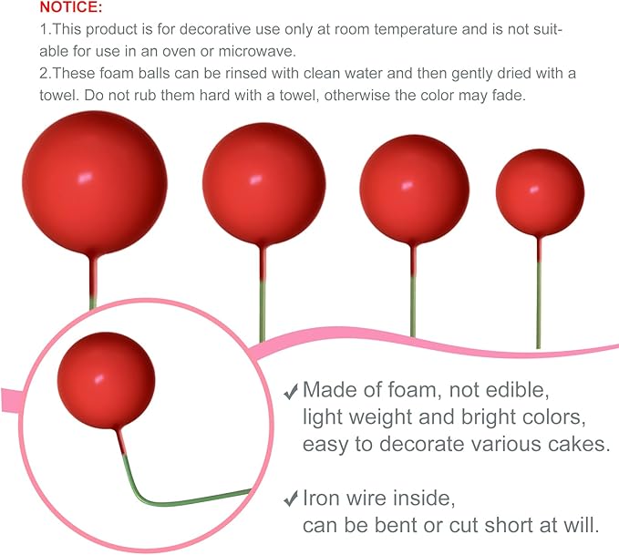 NEBURORA 64 Pcs Balls Cake Toppers and Leaves Decoration Set Mini Balloons for Cake Decorating Supplies Balls Cake decorations for Baby Shower Cake Toppers Birthday Cake Decorations(Red Gold)