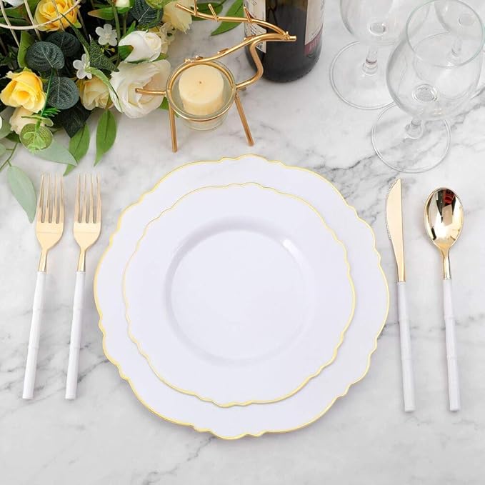 WDF 180Pieces Gold Plastic Silverware-Gold Plastic Cutlery with White Handle-Heavyweight Disposable Flatware-Include 60Forks, 60 Spoons, 60 Knives For Thanksgiving