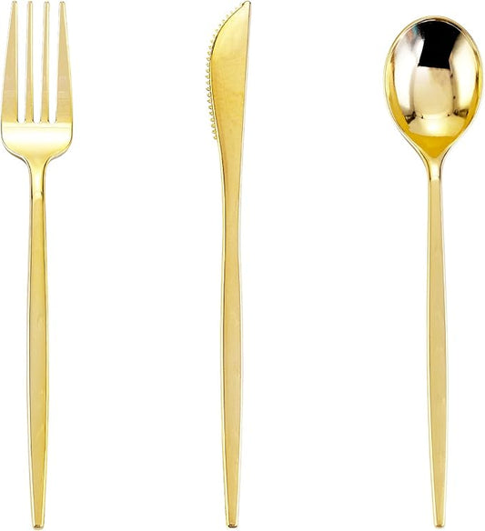 PULOTE 150PCS Thanksgiving Gold Plastic Silverware Disposable - Heavy Duty Gold Plastic Cutlery - Gold Plastic Utensils Set Include 50 Knives,50 Forks,50 Spoons for Party&Wedding