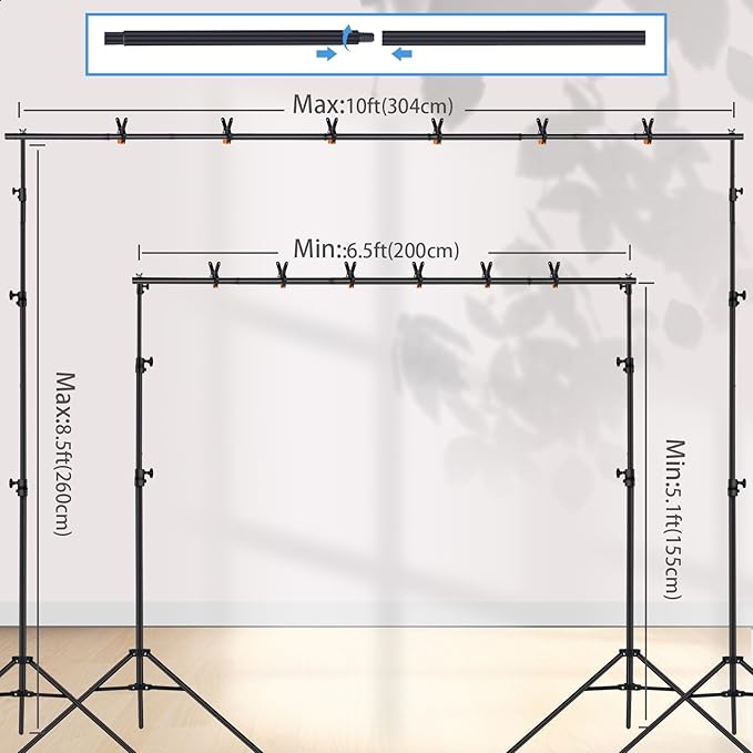 Backdrop Stand, 8.5x10ft(2.6x3m) Photo Studio Adjustable Background Stand Support Kit with 5 Crossbars, 6 Backdrop Clamps and and Carrying Bag for for Photo Video Shooting, Parties, Wedding