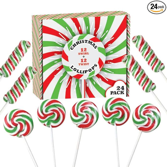 Christmas Candy Lollipops - 24 Holiday Suckers Individually Wrapped Bulk - 18g Swirl and 12g Twisty Pops