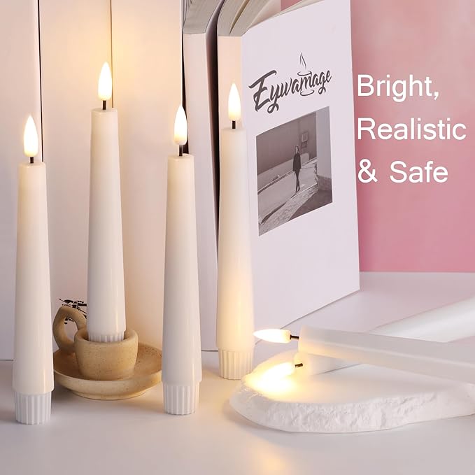 Eywamage Short White Flameless Taper Candles with Remote, Flickering Battery LED Wax Candlesticks Set of 6