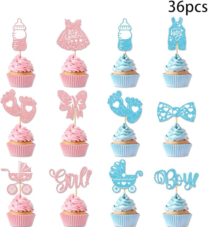 36PCS Gender Reveal Cupcake Toppers – Pink and Blue Color Scheme Baby Shower Decorations with Glitter Paper Bottles, Bows, Bodysuits, Pants, Dresses & Feet for Boy or Girl Party