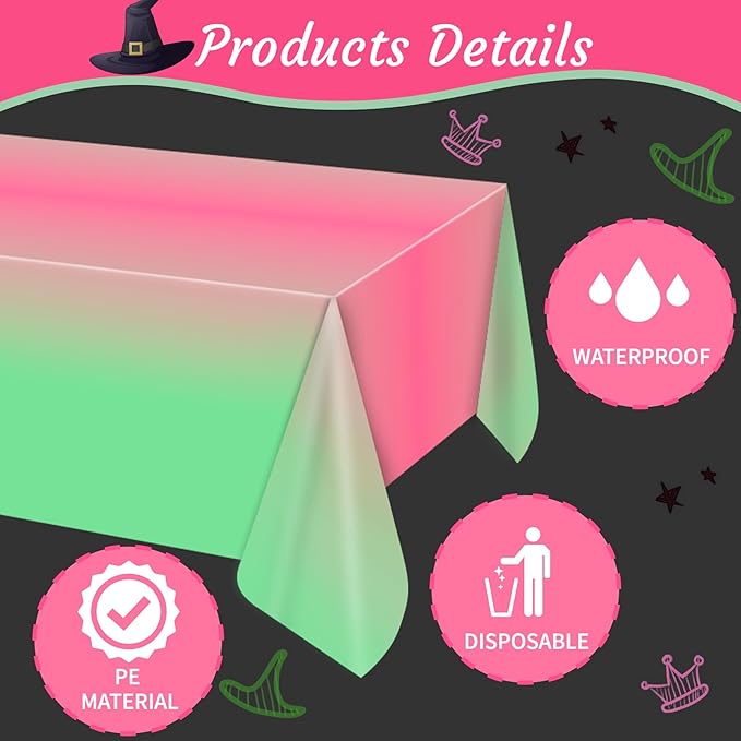 AFZMON 3 Pack Witch Birthday Party Decorations Tablecloth, Pink and Green Disposable Rectangle Plastic Table Decors Cloth for Kids Baby Shower Wedding Party Supplies, 54 x 108Inch