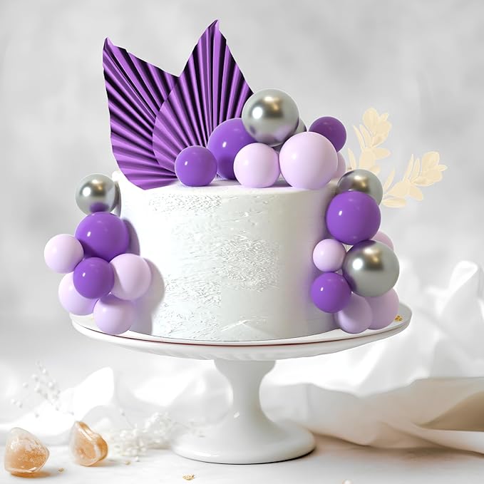 NEBURORA 64 Pcs Balls Cake Toppers and Leaves Decoration Set Mini Balloons for Cake Decorating Supplies Balls Cake decorations for Baby Shower Cake Toppers Birthday Cake Decoration(Purple Silver)