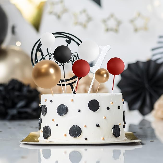 ASTARON 32 Pcs Ball Cake Topper Decorations Mini Balloons Cake Topper Sticks Foam Balls Cake Picks for Graduation Wedding Party Birthday Cake Decorating (Red Black)