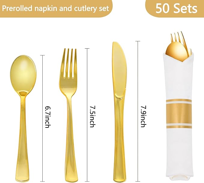 50 Pack Pre Rolled Gold Plastic Silverware Set,Wrapped Plastic Cutlery Set with Napkin Include 50 Forks,50 Spoons,50 Knives and 50 White Napkins for Party,Wedding,Christmas