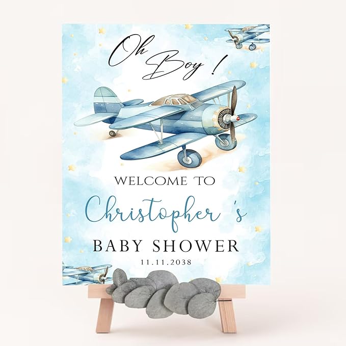 Editable Baby Shower Welcome Sign, Oh Boy Baby Shower Decorations For Boy, Airplane And Star Baby Shower Sign Decorations, Blue And White Baby Shower Theme, Luxury Baby Shower Welcome Sign
