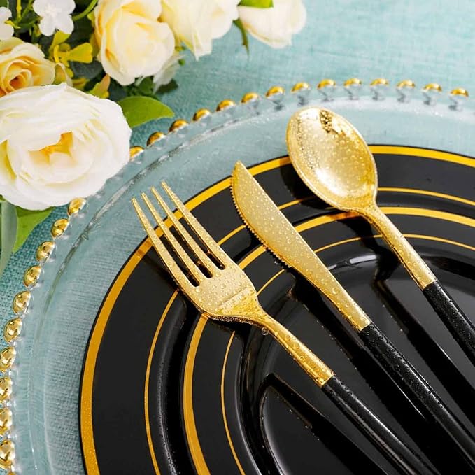 Rubtlamp 96 Pcs Gold Disposable Silverware, Plastic Cutlery, Gold Utensils Plastic with Black Handle Include 32Forks, 32Spoons, 32Knives for Party